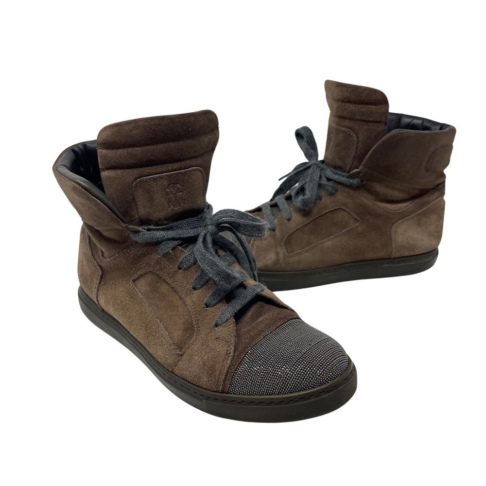 Brunello Cucinelli Chocolate Brown Suede Beaded-Toe High-Top Sneaker 37.5 6.5